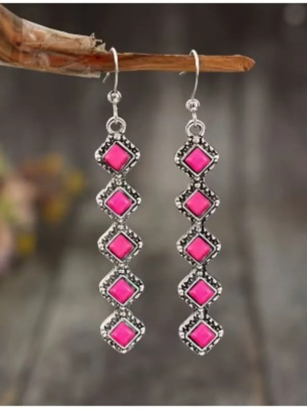 Retro Style Bohemian Long Strip Square Spliced Pink Turquoise Earrings